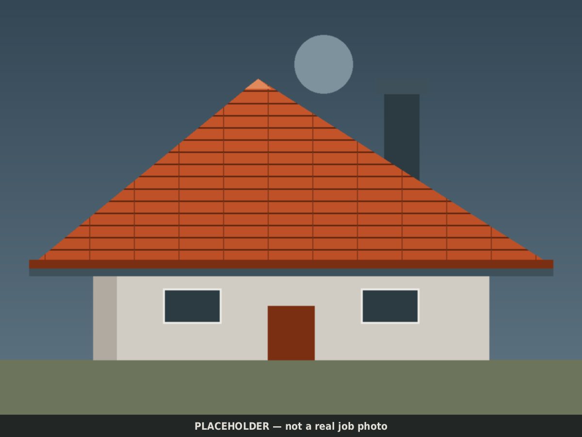 Drawn placeholder, after: the same gable roof with a complete new shingle field and ridge cap