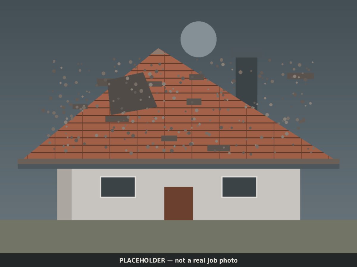 Drawn placeholder, before: aged gable roof with missing shingle tabs and staining