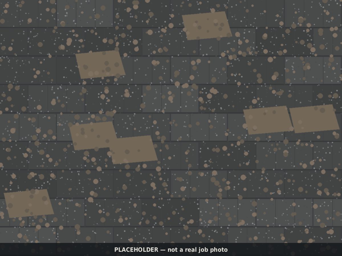 Drawn placeholder, before: worn shingle roof with bald patches and scattered debris