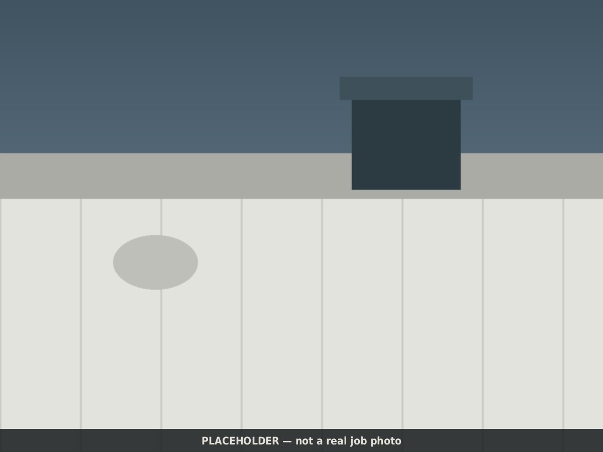 Drawn placeholder, after: the same flat roof with a clean single-ply membrane