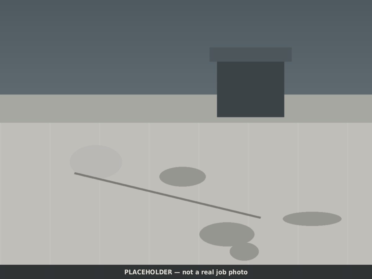 Drawn placeholder, before: flat roof section with standing water stains and a patched seam