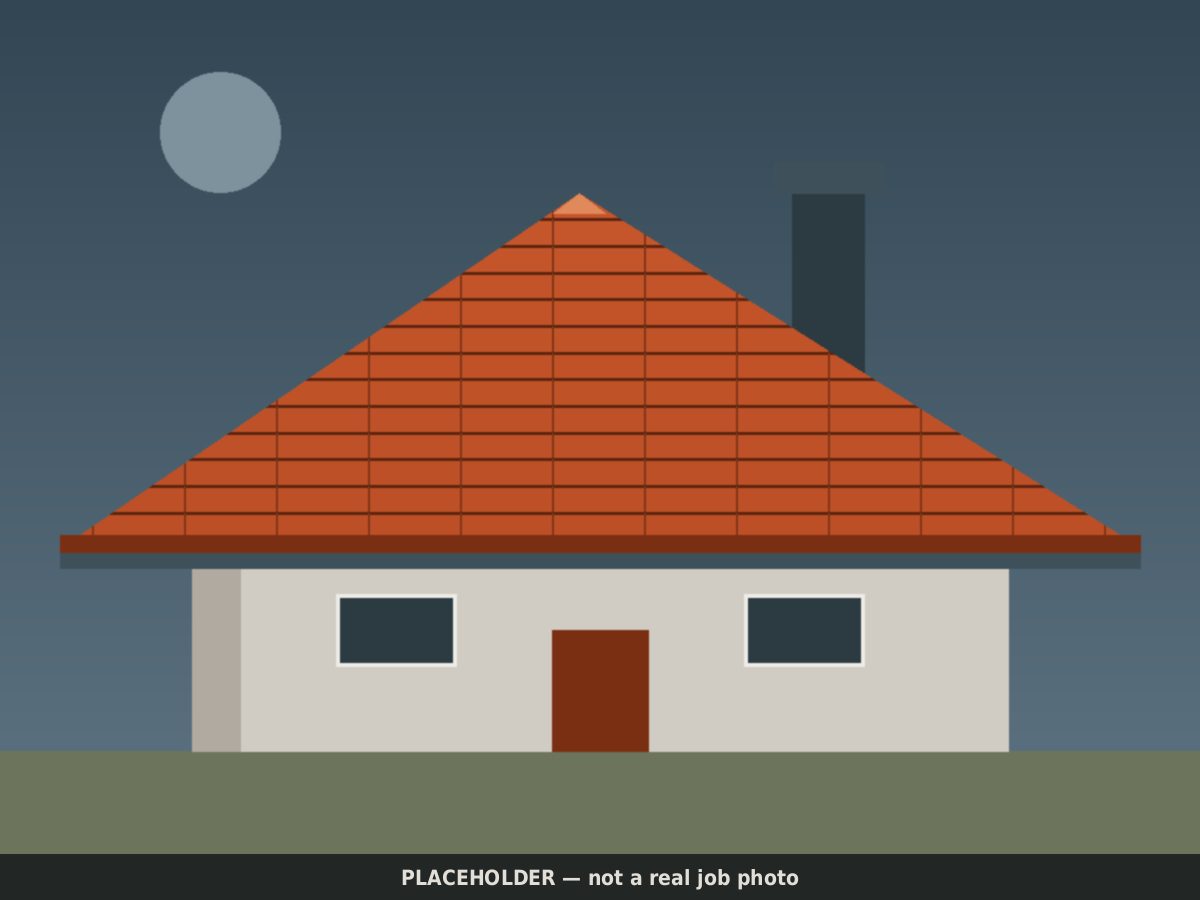 Drawn placeholder: gable roof with new composition shingles and a fresh ridge cap