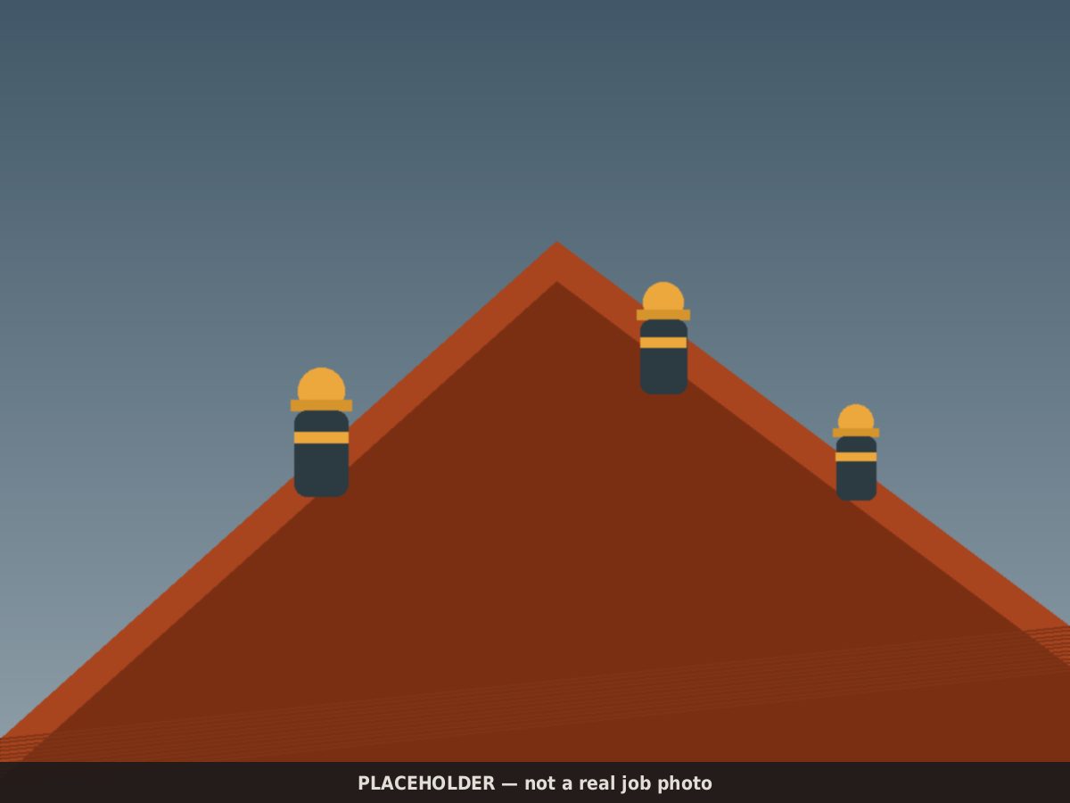 Drawn placeholder: three roofers in hard hats working across a copper-coloured roof slope