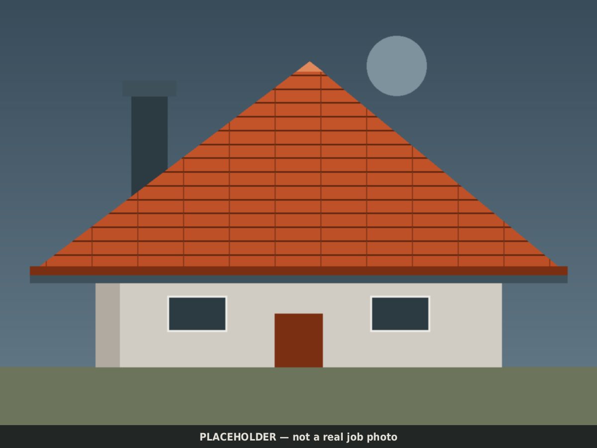 Drawn placeholder: finished gable roof seen from the front with a chimney to one side