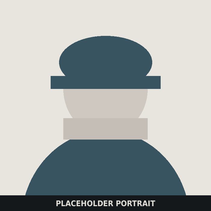 Drawn placeholder portrait: a figure in a slate-blue hard hat against a light background